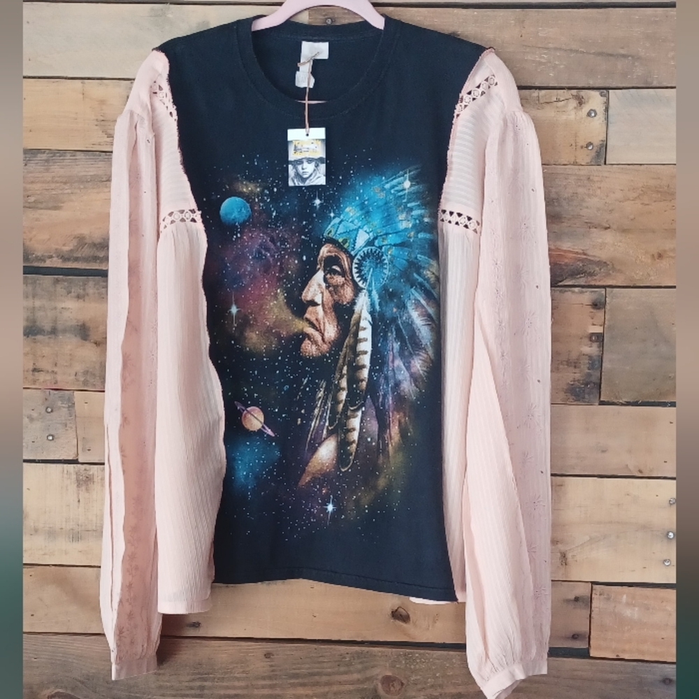 Upcycled Graphic Long Sleeve Top with Beautiful Sleeves